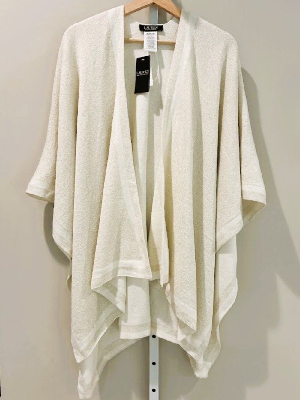 NWT Lauren Ralph Lauren Metallic Knit Poncho Wrap Shawl Cream Gold One Size